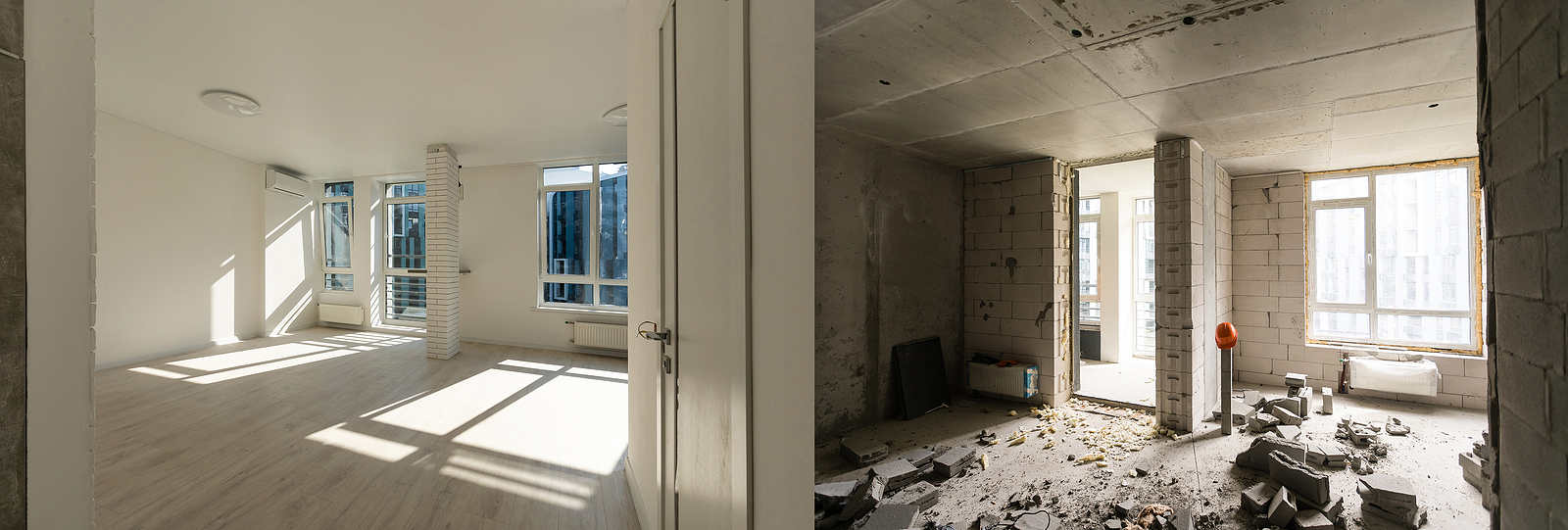 A recently renovated space on the left and a room under construction on the right